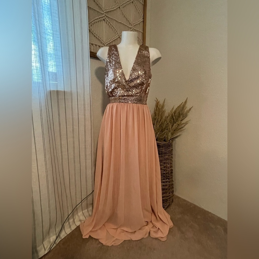 Lulu's Rose Gold Sequin Medium Maxi Formal Dress